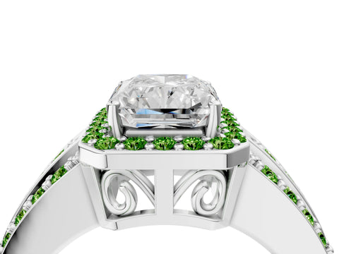 White gold Radiant Cut Halo Diamond Ring with Round with Peridot side stone Split Shank and Prong Setting_10