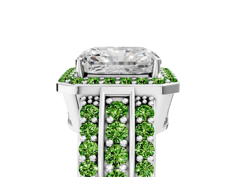 White gold Radiant Cut Halo Diamond Ring with Round with Peridot side stone Split Shank and Prong Setting_11