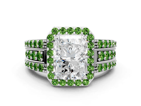 White gold Radiant Cut Halo Diamond Ring with Round with Peridot side stone Split Shank and Prong Setting_12