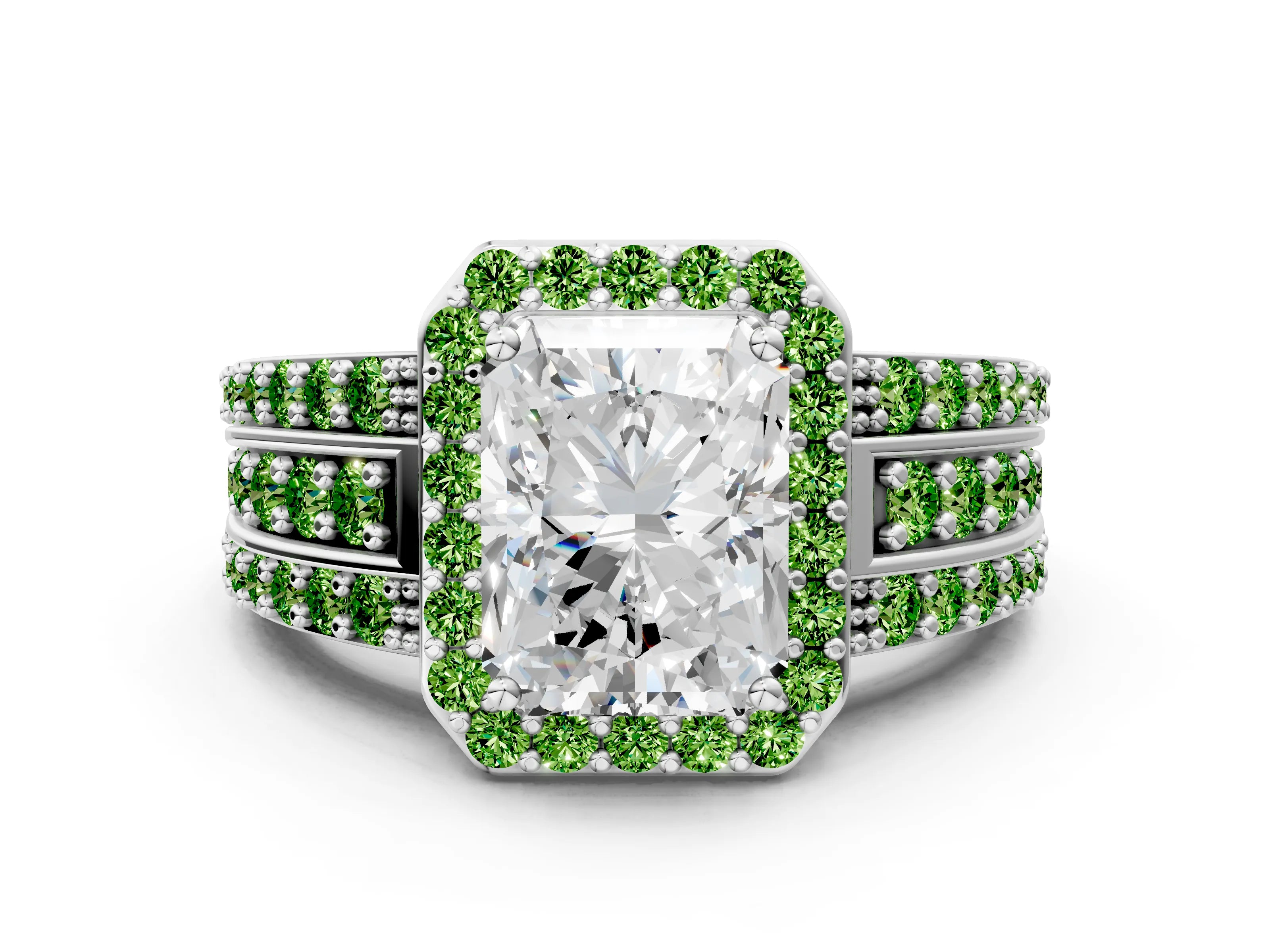 White gold Radiant Cut Halo Diamond Ring with Round with Peridot side stone Split Shank and Prong Setting_18