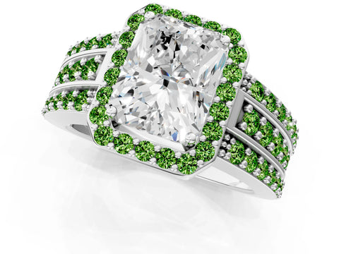 White gold Radiant Cut Halo Diamond Ring with Round with Peridot side stone Split Shank and Prong Setting_1
