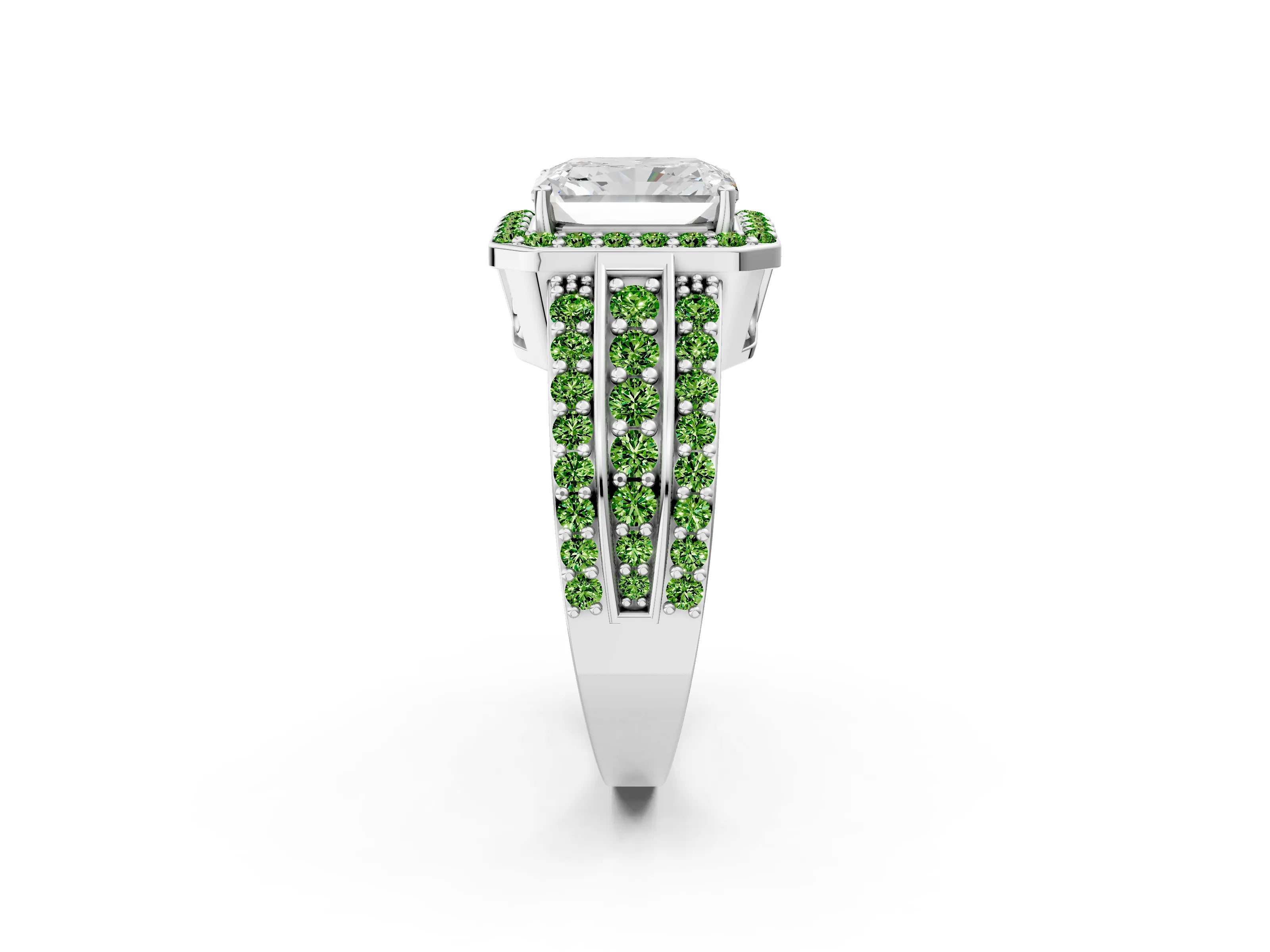 White gold Radiant Cut Halo Diamond Ring with Round with Peridot side stone Split Shank and Prong Setting_20