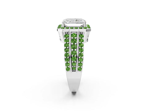 White gold Radiant Cut Halo Diamond Ring with Round with Peridot side stone Split Shank and Prong Setting_2