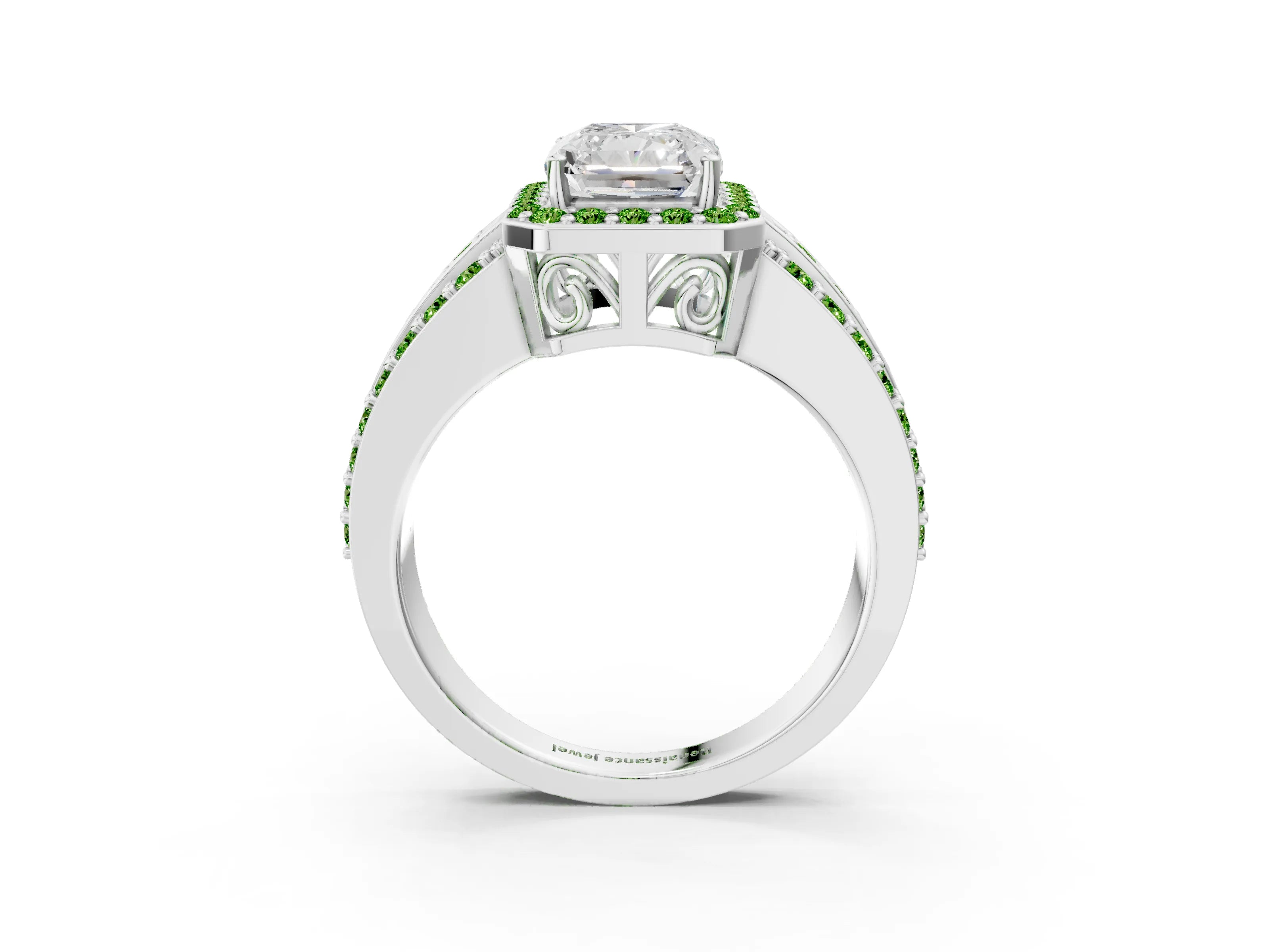 White gold Radiant Cut Halo Diamond Ring with Round with Peridot side stone Split Shank and Prong Setting_3