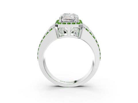 White gold Radiant Cut Halo Diamond Ring with Round with Peridot side stone Split Shank and Prong Setting_3