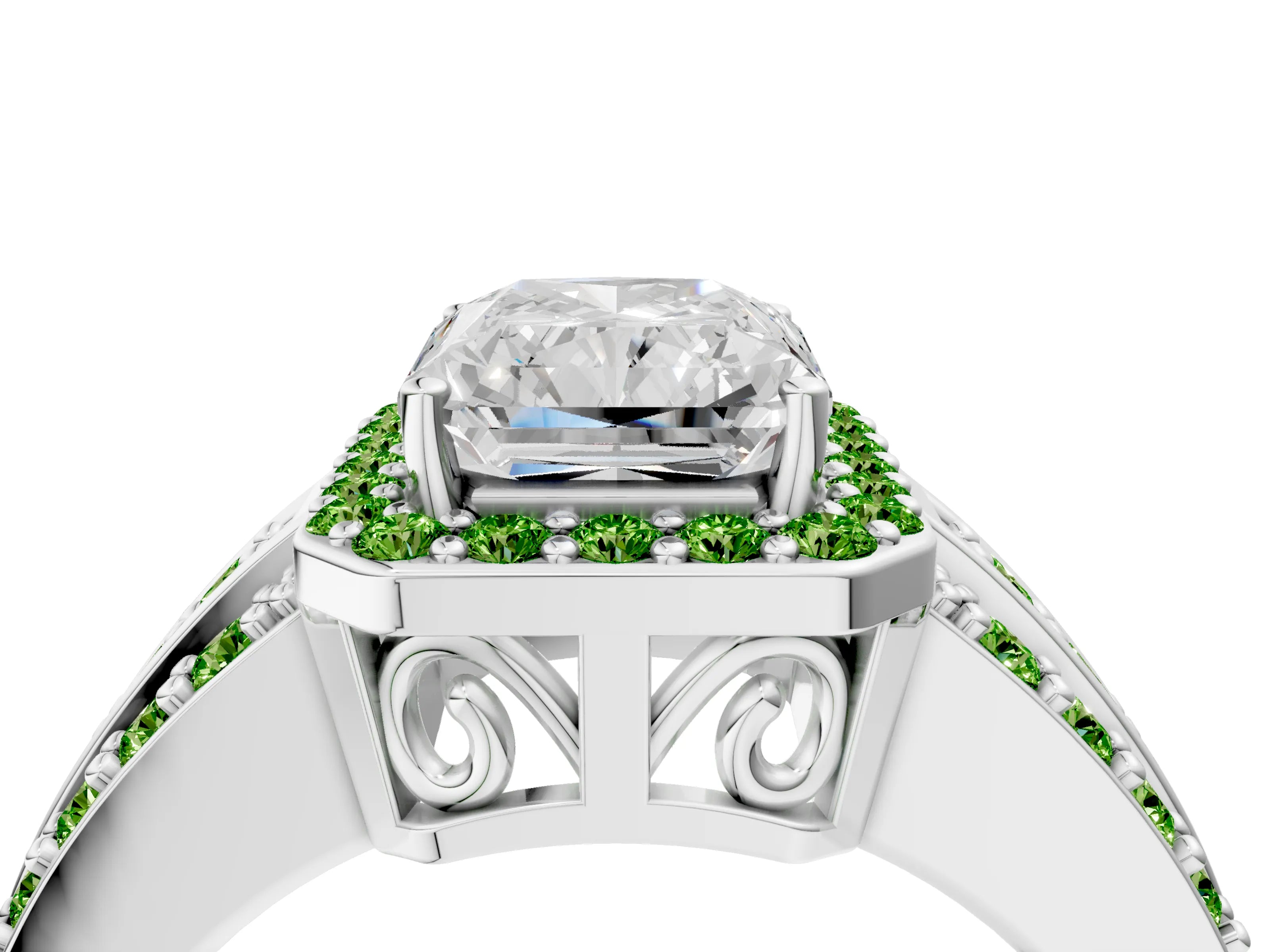 White gold Radiant Cut Halo Diamond Ring with Round with Peridot side stone Split Shank and Prong Setting_4