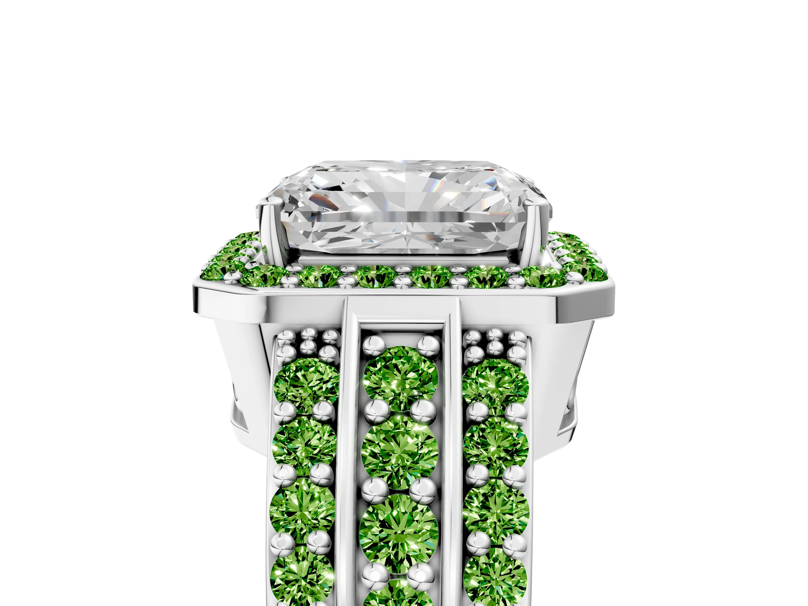 White gold Radiant Cut Halo Diamond Ring with Round with Peridot side stone Split Shank and Prong Setting_5