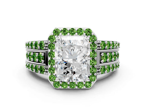 White gold Radiant Cut Halo Diamond Ring with Round with Peridot side stone Split Shank and Prong Setting_6