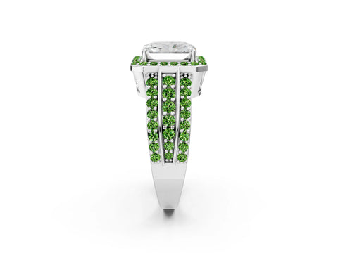 White gold Radiant Cut Halo Diamond Ring with Round with Peridot side stone Split Shank and Prong Setting_8