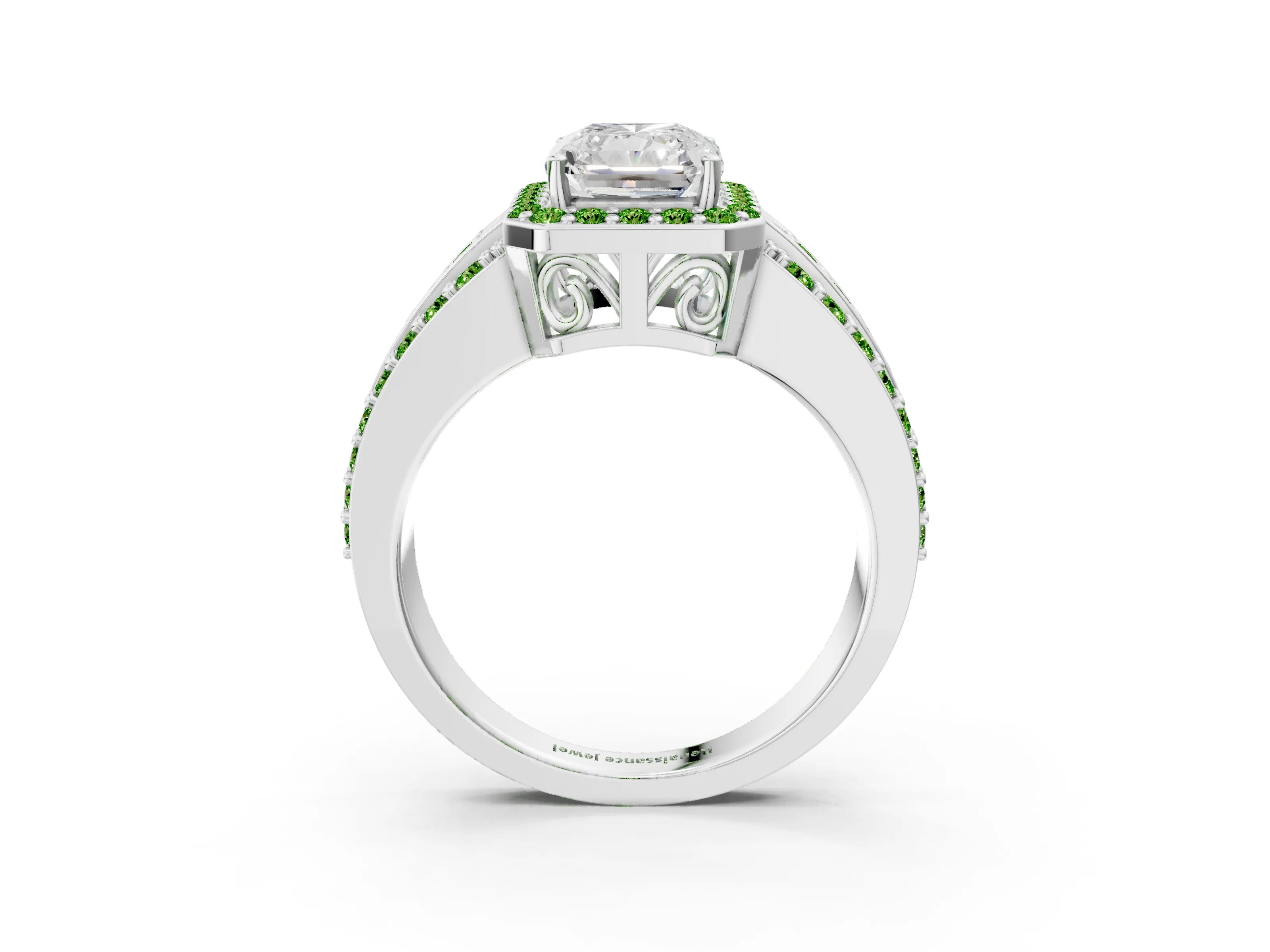 White gold Radiant Cut Halo Diamond Ring with Round with Peridot side stone Split Shank and Prong Setting_9