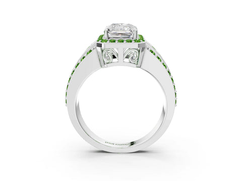 White gold Radiant Cut Halo Diamond Ring with Round with Peridot side stone Split Shank and Prong Setting_9