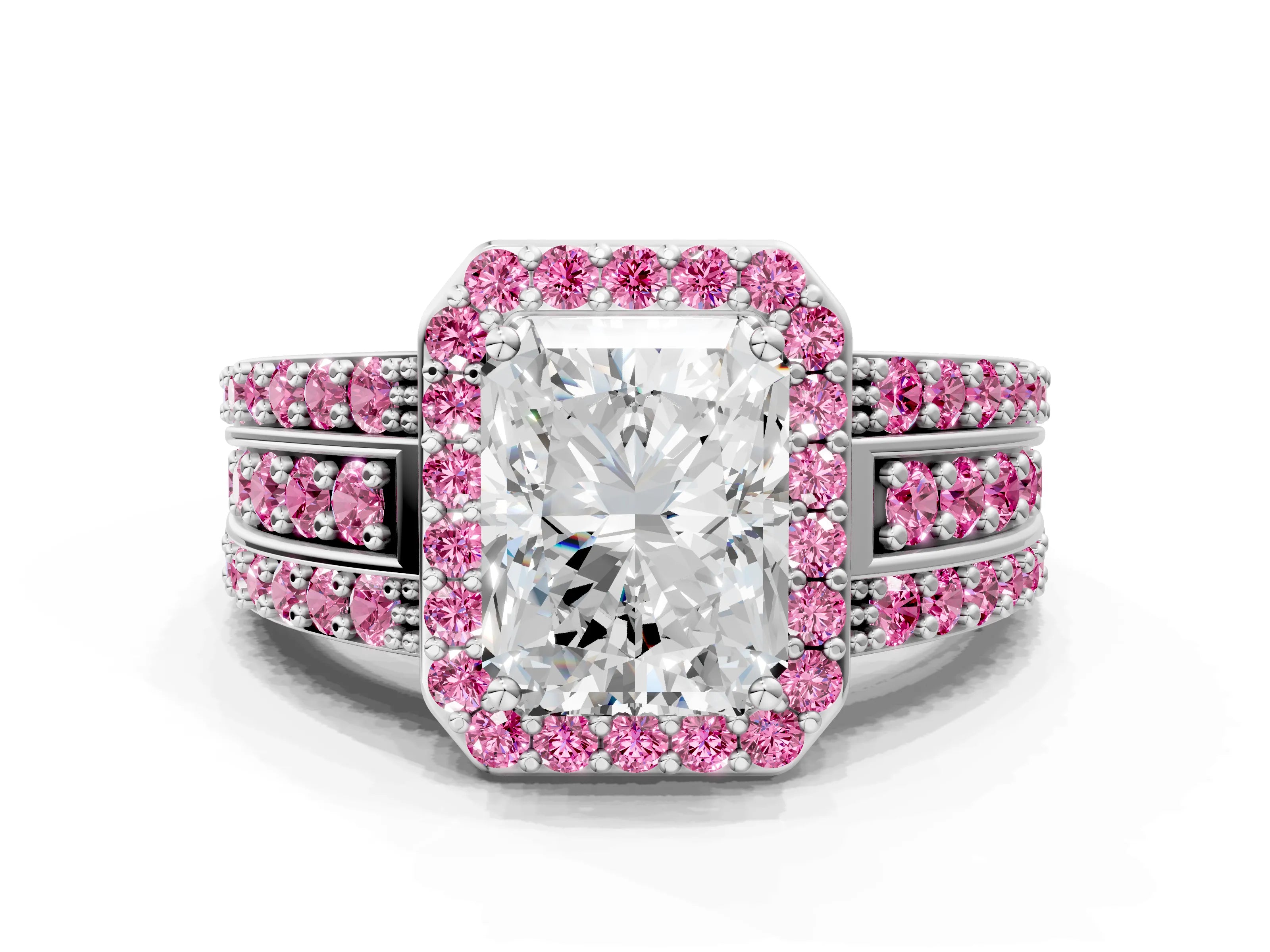 White gold Radiant Cut Halo Diamond Ring with Round with Pink Sapphire side stone Split Shank and Prong Setting_24