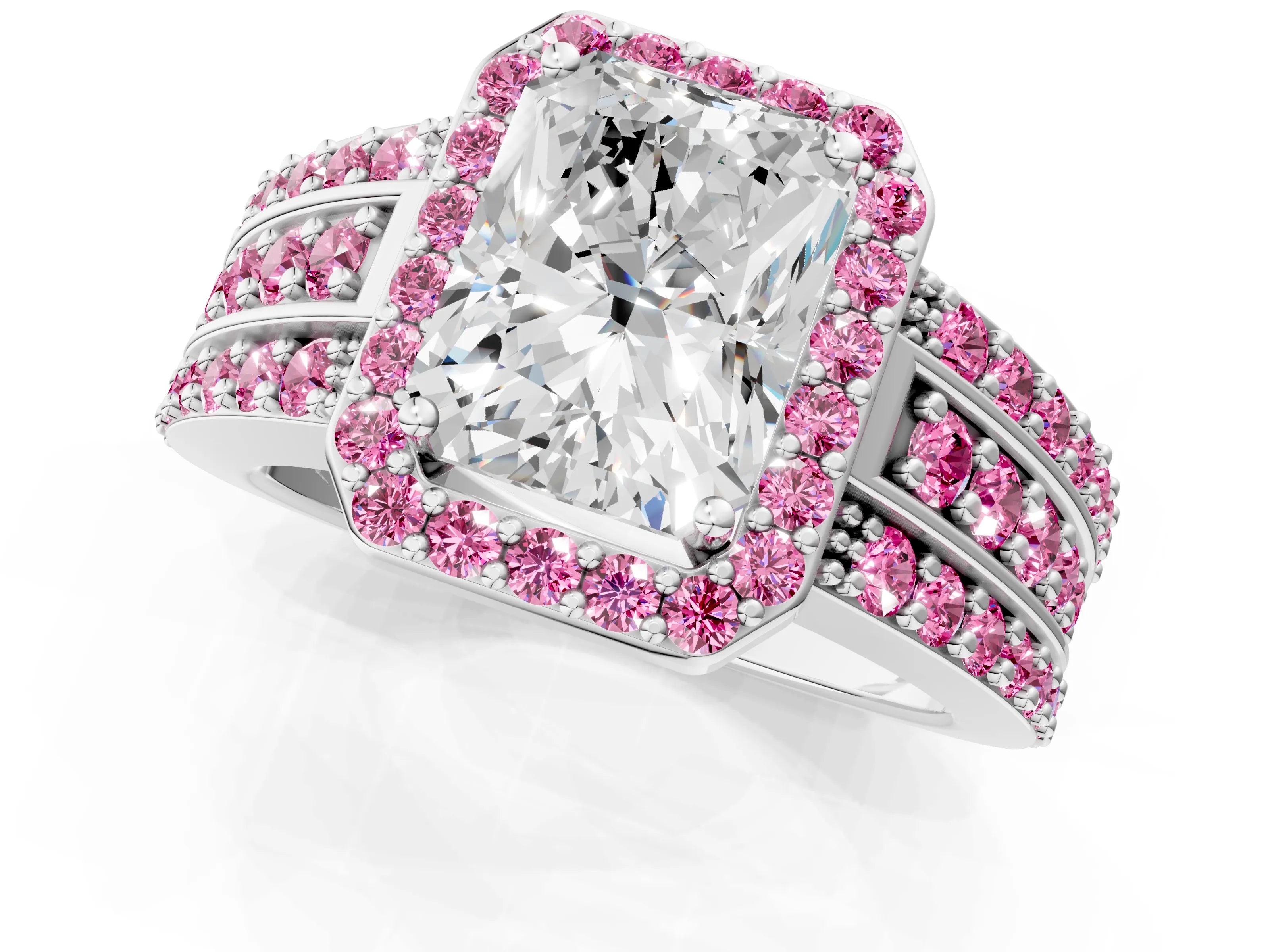 White gold Radiant Cut Halo Diamond Ring with Round with Pink Sapphire side stone Split Shank and Prong Setting_25
