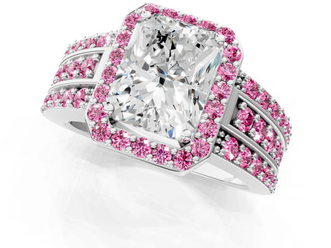 White gold Radiant Cut Halo Diamond Ring with Round with Pink Sapphire side stone Split Shank and Prong Setting_25