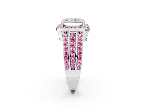 White gold Radiant Cut Halo Diamond Ring with Round with Pink Sapphire side stone Split Shank and Prong Setting_26