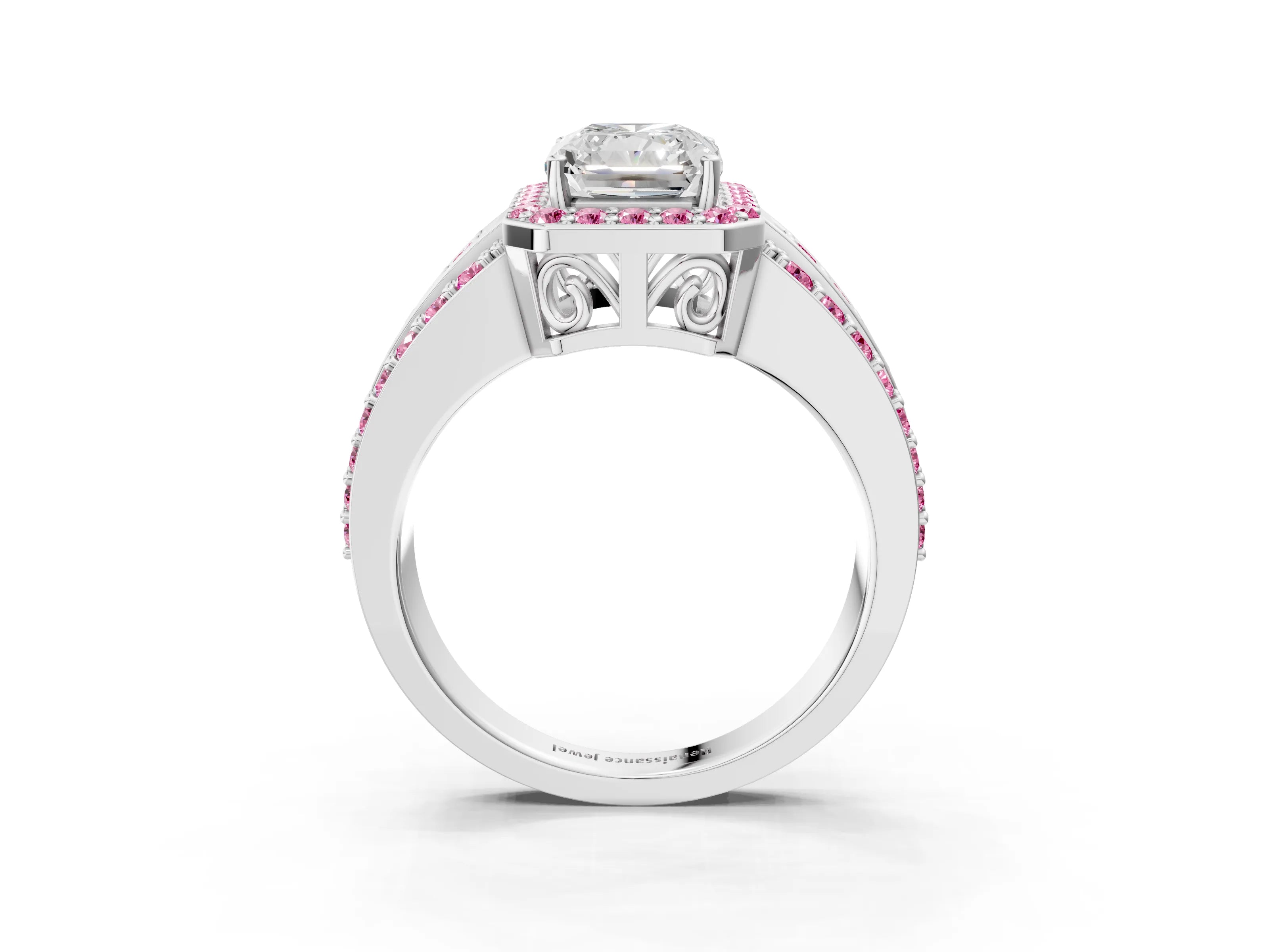 White gold Radiant Cut Halo Diamond Ring with Round with Pink Sapphire side stone Split Shank and Prong Setting_27