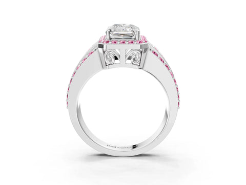 White gold Radiant Cut Halo Diamond Ring with Round with Pink Sapphire side stone Split Shank and Prong Setting_27