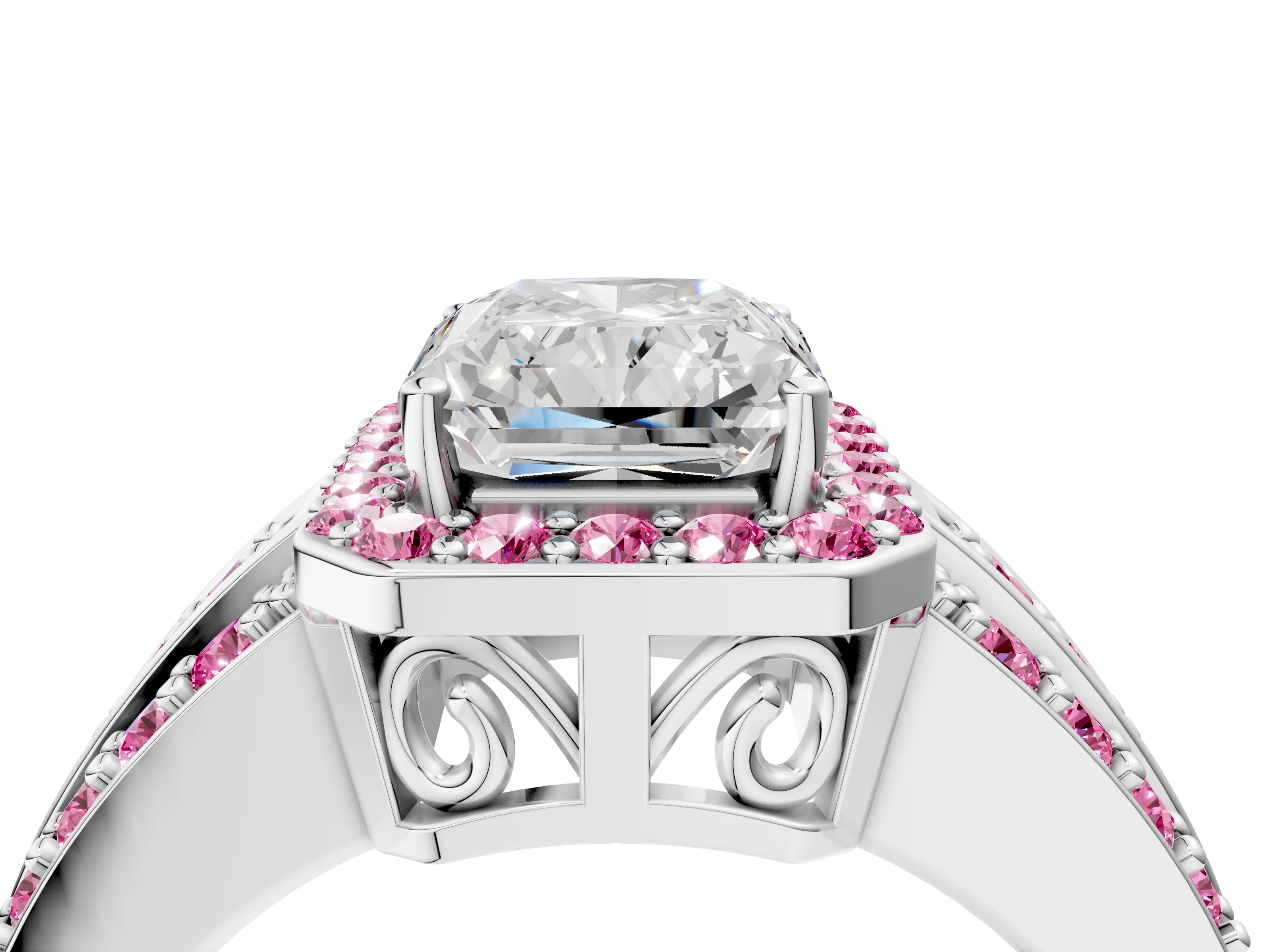 White gold Radiant Cut Halo Diamond Ring with Round with Pink Sapphire side stone Split Shank and Prong Setting_28