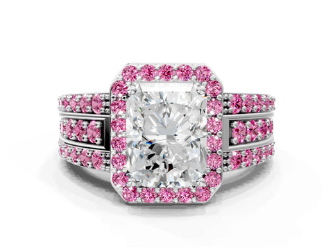 White gold Radiant Cut Halo Diamond Ring with Round with Pink Sapphire side stone Split Shank and Prong Setting_36