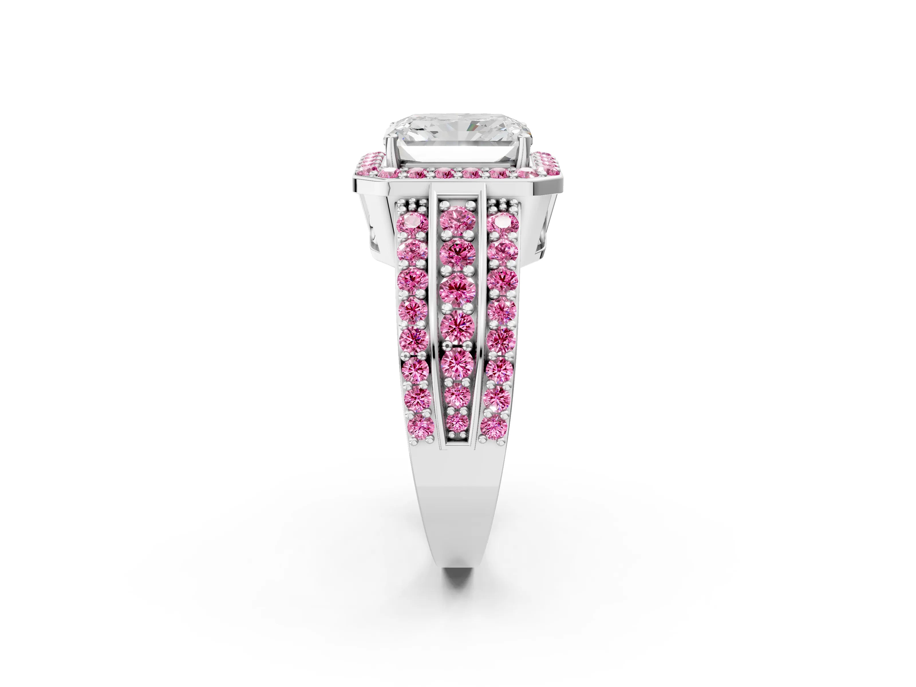 White gold Radiant Cut Halo Diamond Ring with Round with Pink Sapphire side stone Split Shank and Prong Setting_38