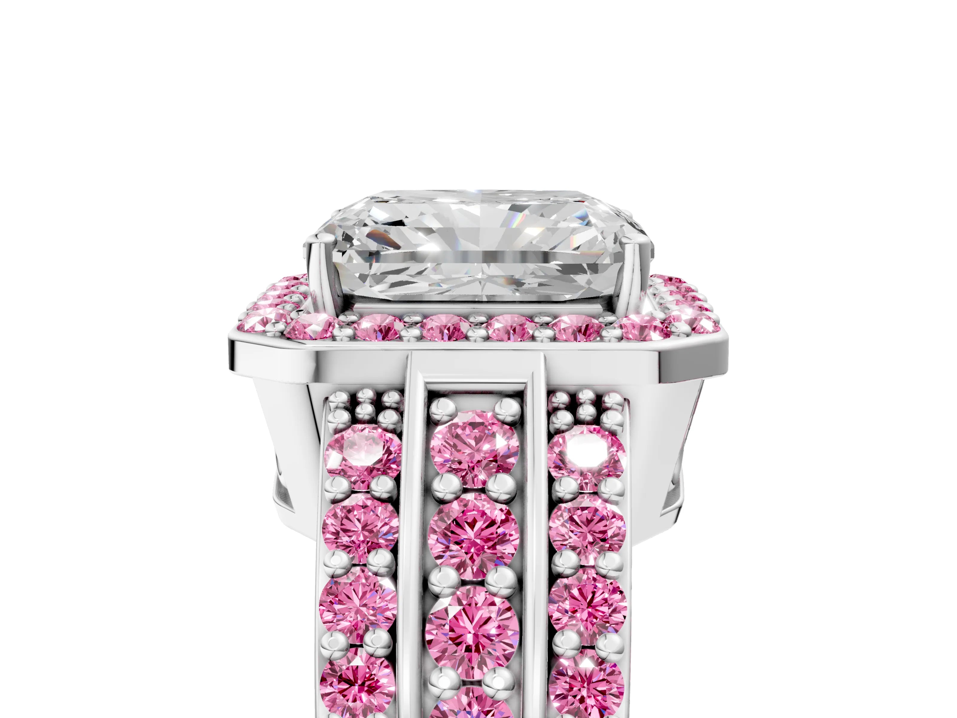 White gold Radiant Cut Halo Diamond Ring with Round with Pink Sapphire side stone Split Shank and Prong Setting_41