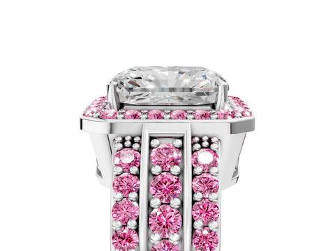 White gold Radiant Cut Halo Diamond Ring with Round with Pink Sapphire side stone Split Shank and Prong Setting_41