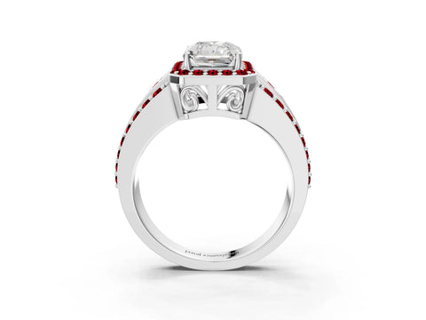 White gold Radiant Cut Halo Diamond Ring with Round with Ruby side stone Split Shank and Prong Setting_15