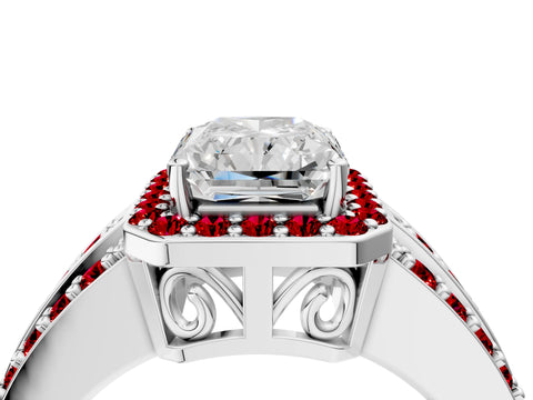 White gold Radiant Cut Halo Diamond Ring with Round with Ruby side stone Split Shank and Prong Setting_16