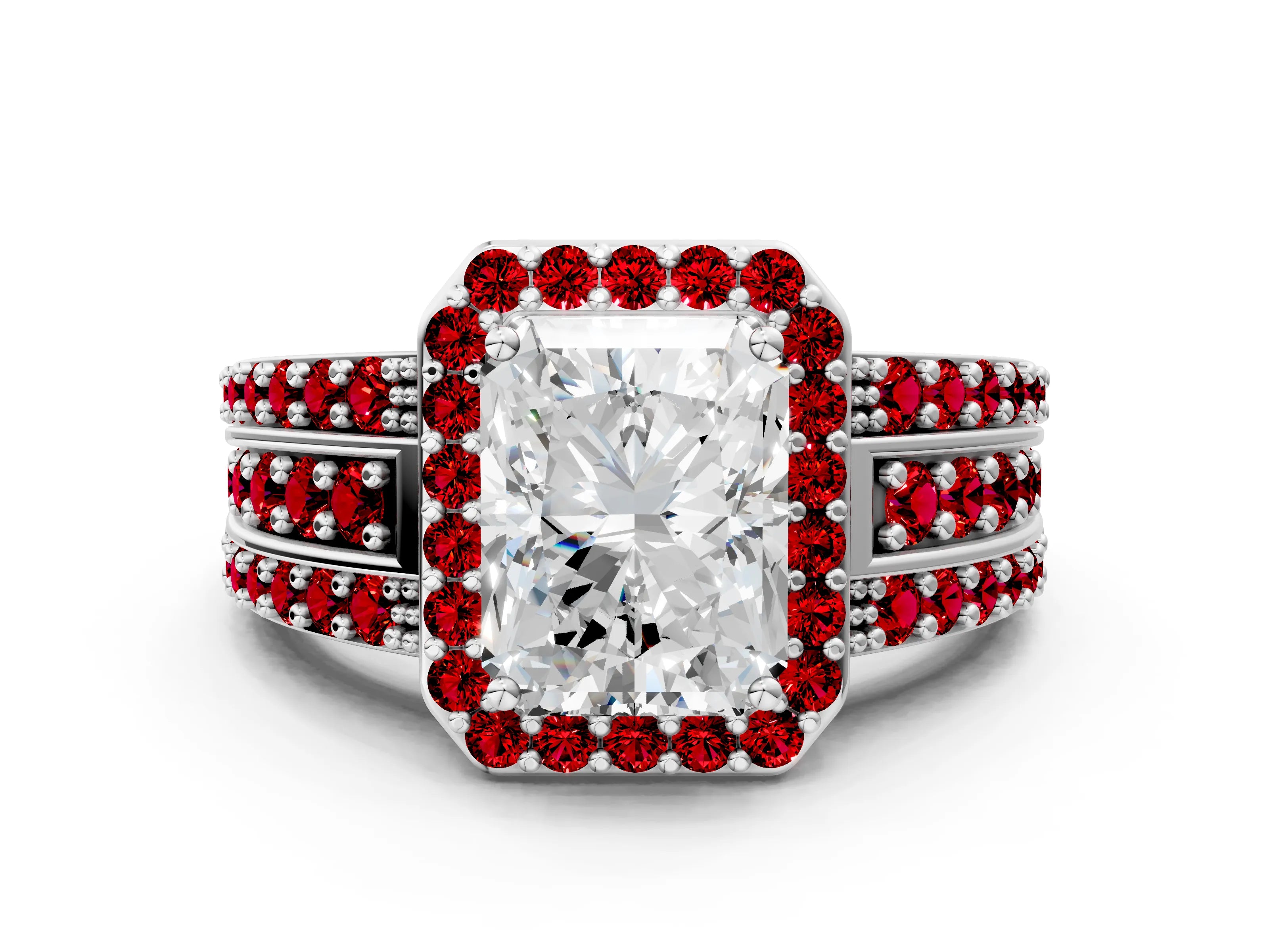 White gold Radiant Cut Halo Diamond Ring with Round with Ruby side stone Split Shank and Prong Setting_36
