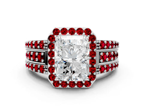 White gold Radiant Cut Halo Diamond Ring with Round with Ruby side stone Split Shank and Prong Setting_36