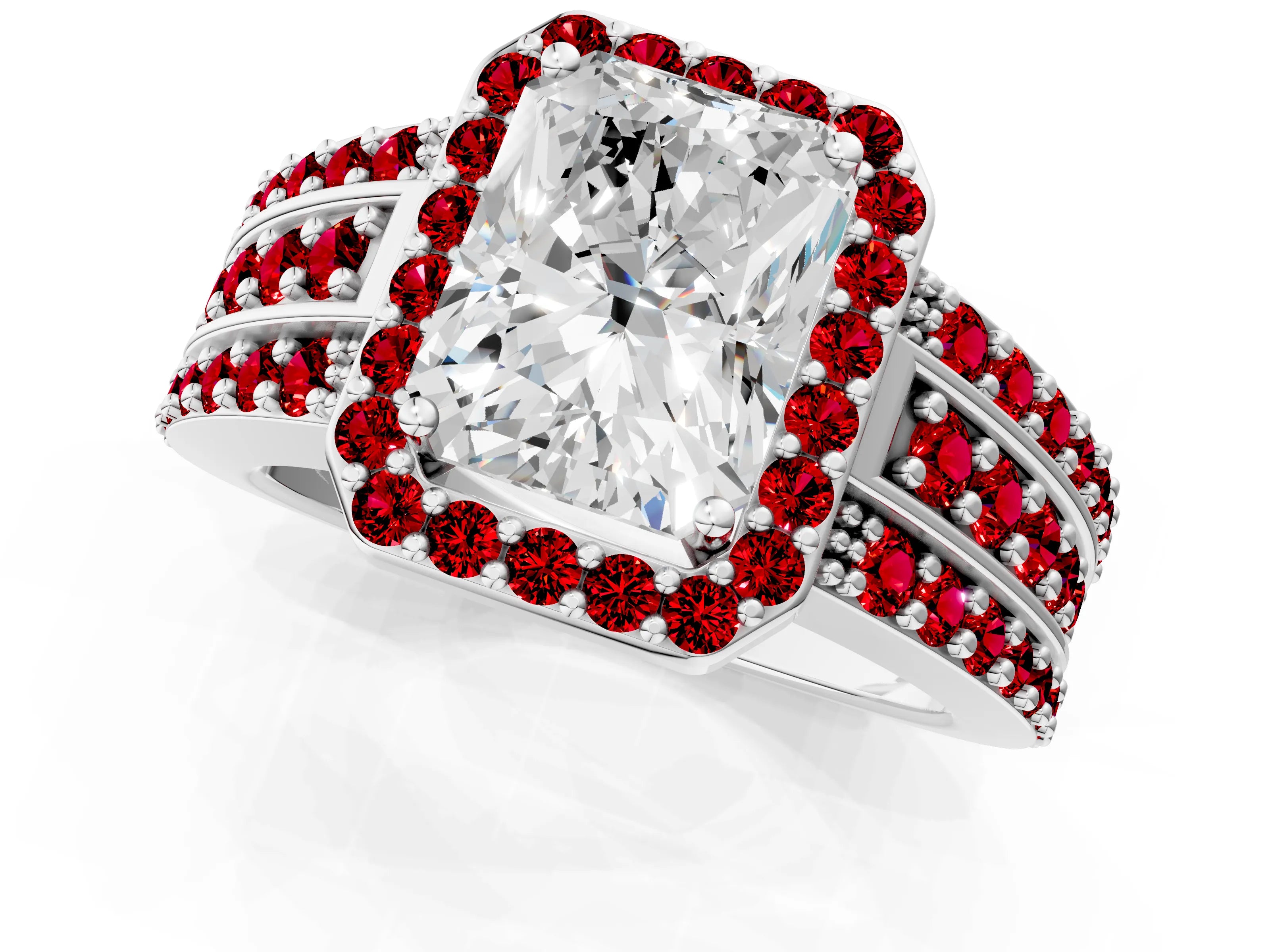 White gold Radiant Cut Halo Diamond Ring with Round with Ruby side stone Split Shank and Prong Setting_37