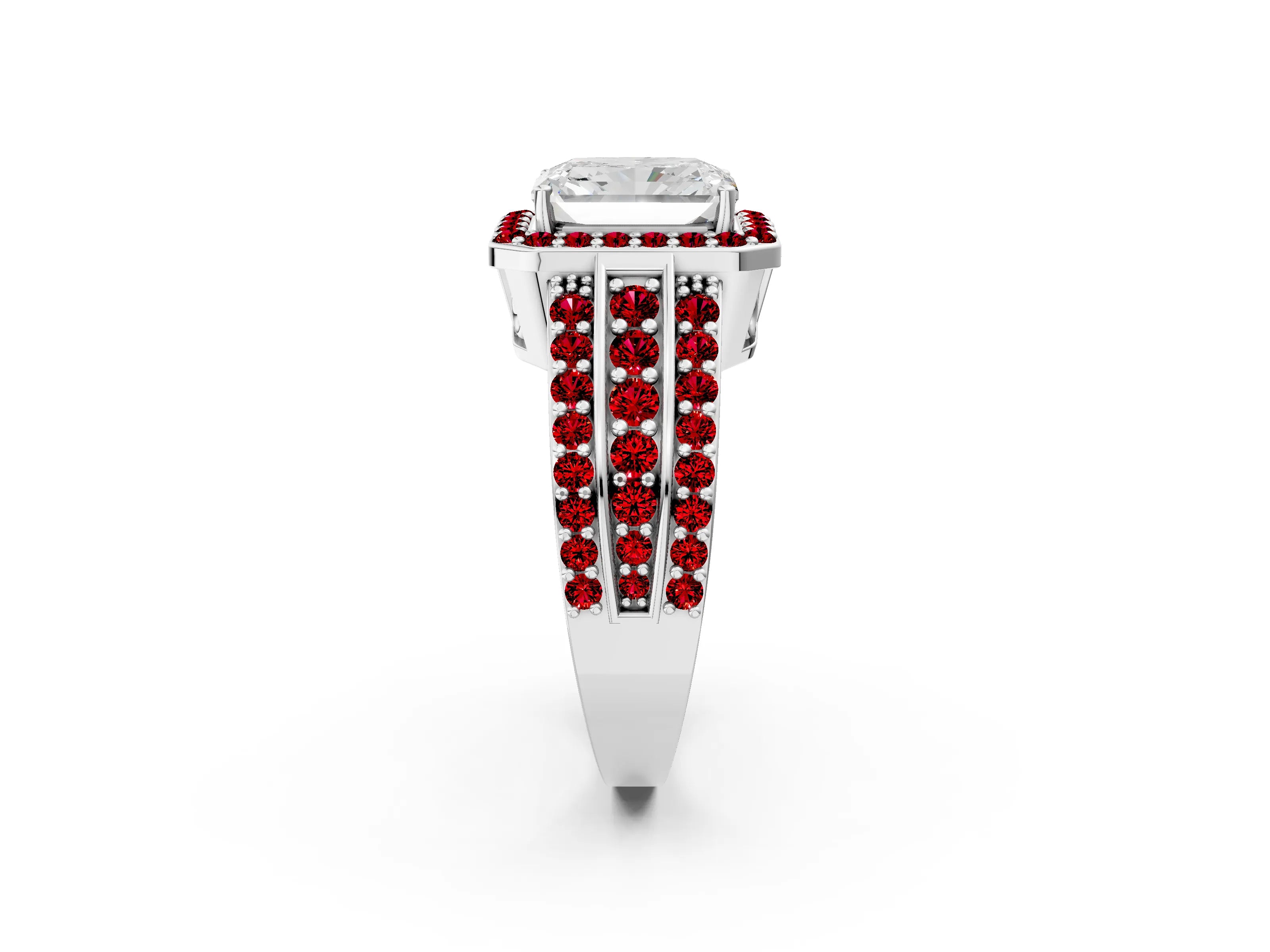 White gold Radiant Cut Halo Diamond Ring with Round with Ruby side stone Split Shank and Prong Setting_38