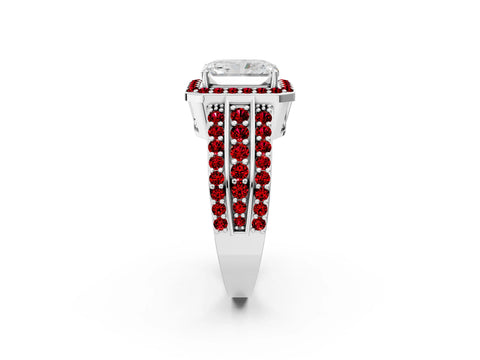 White gold Radiant Cut Halo Diamond Ring with Round with Ruby side stone Split Shank and Prong Setting_38