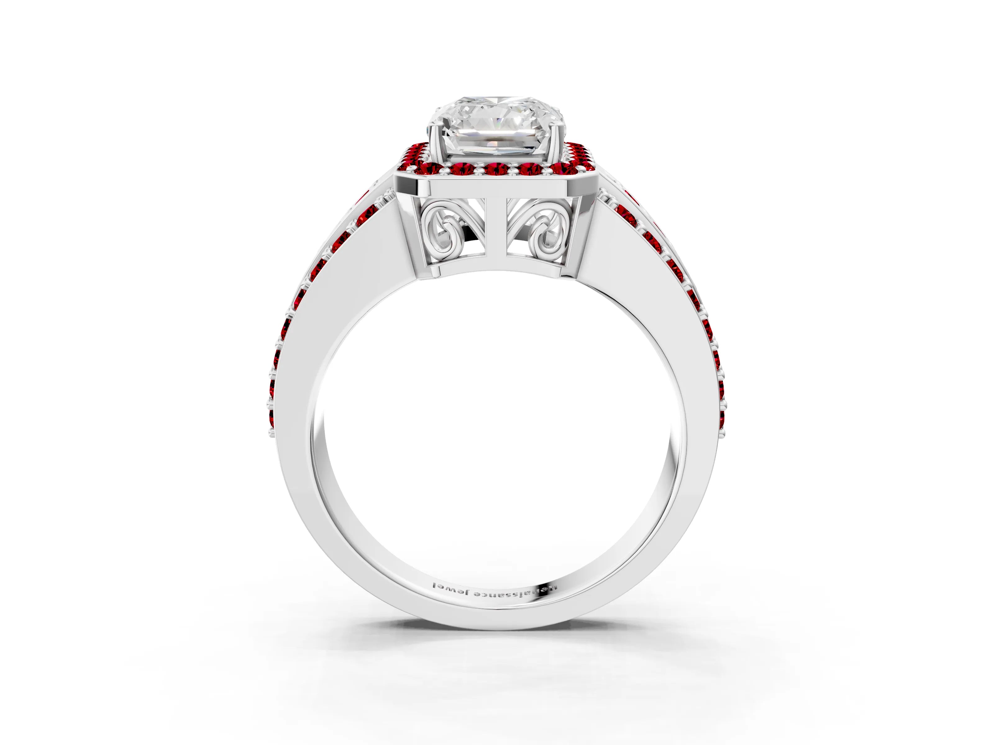 White gold Radiant Cut Halo Diamond Ring with Round with Ruby side stone Split Shank and Prong Setting_39
