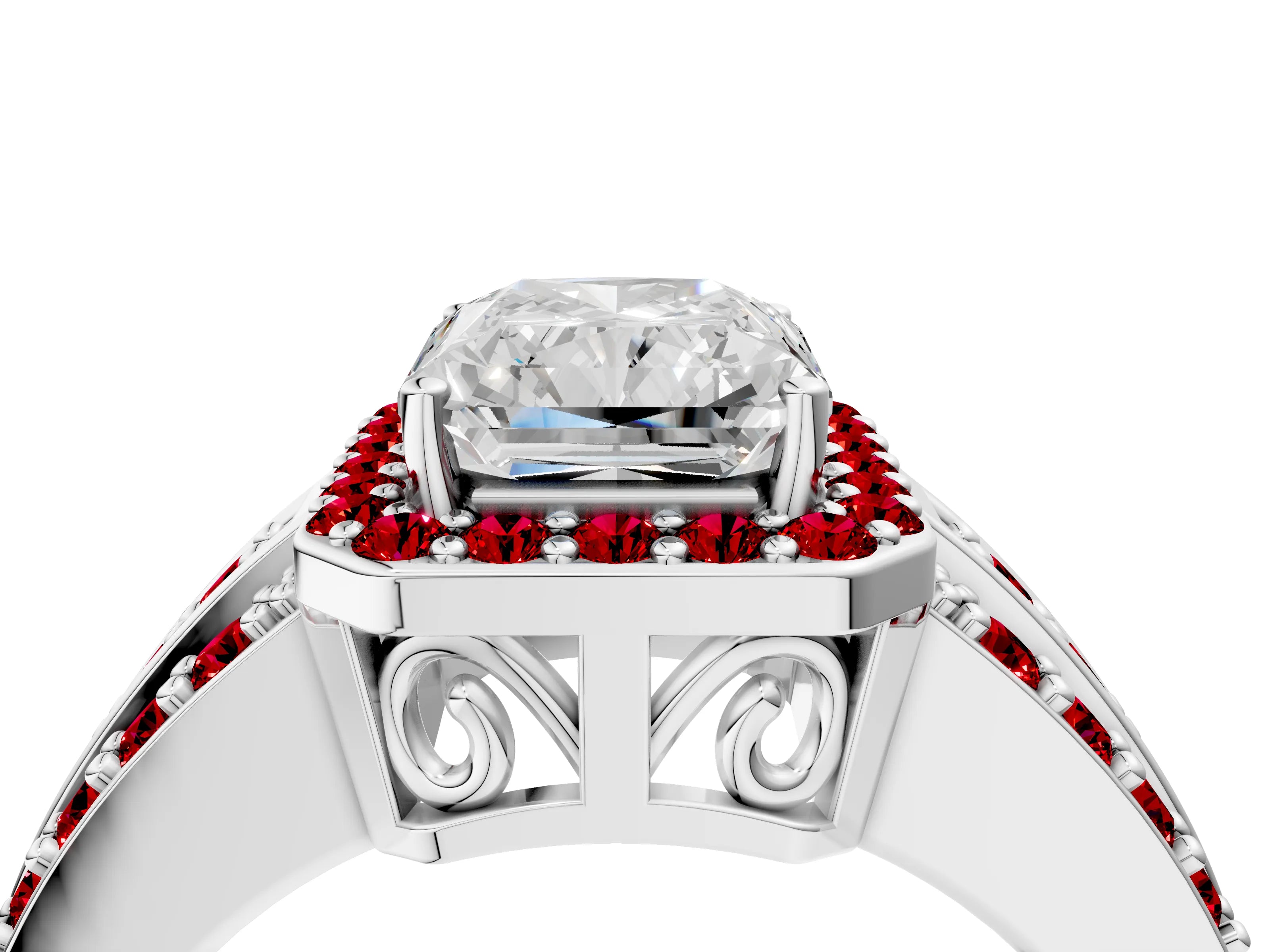 White gold Radiant Cut Halo Diamond Ring with Round with Ruby side stone Split Shank and Prong Setting_40