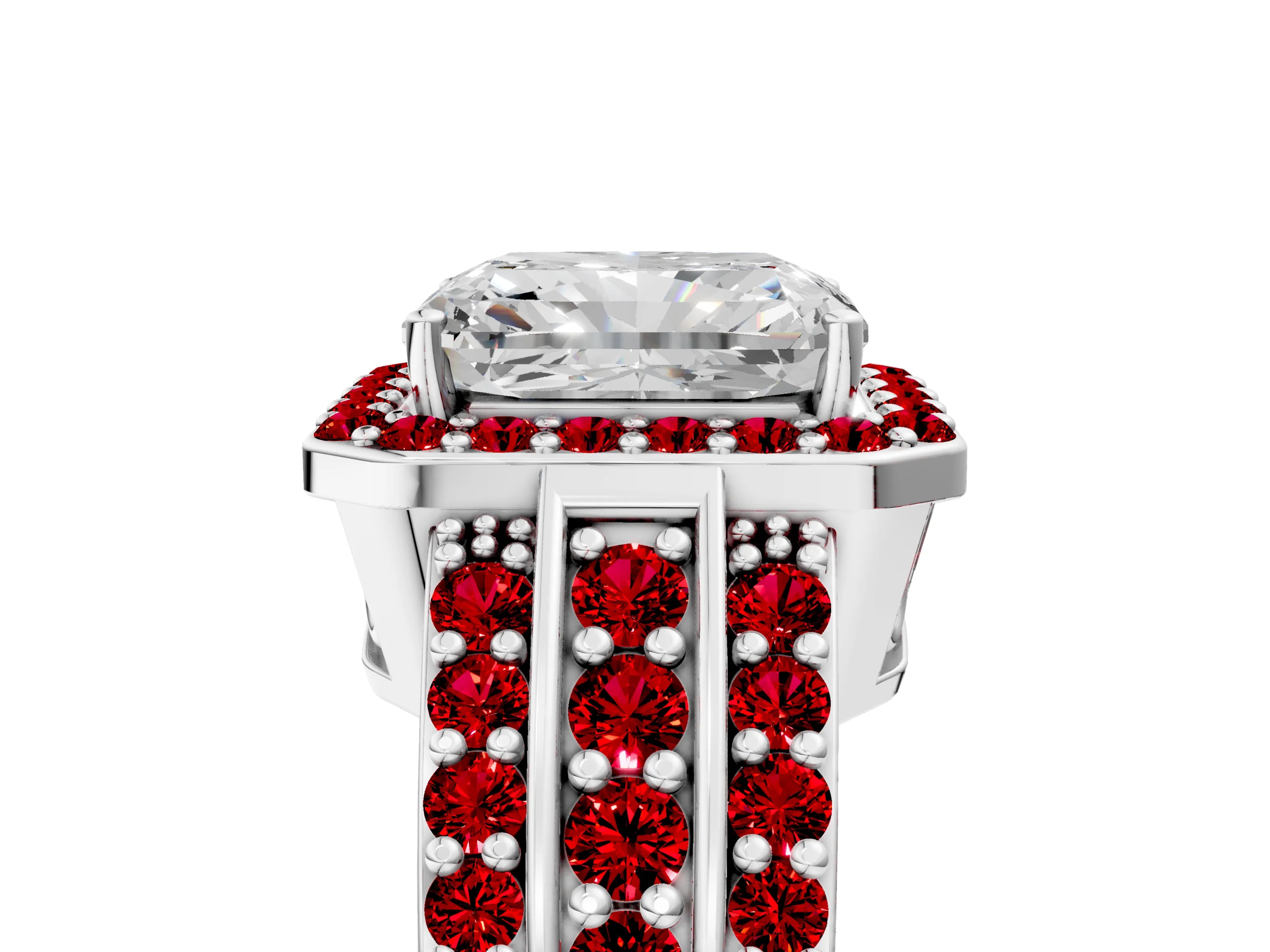 White gold Radiant Cut Halo Diamond Ring with Round with Ruby side stone Split Shank and Prong Setting_41