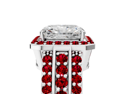 White gold Radiant Cut Halo Diamond Ring with Round with Ruby side stone Split Shank and Prong Setting_41