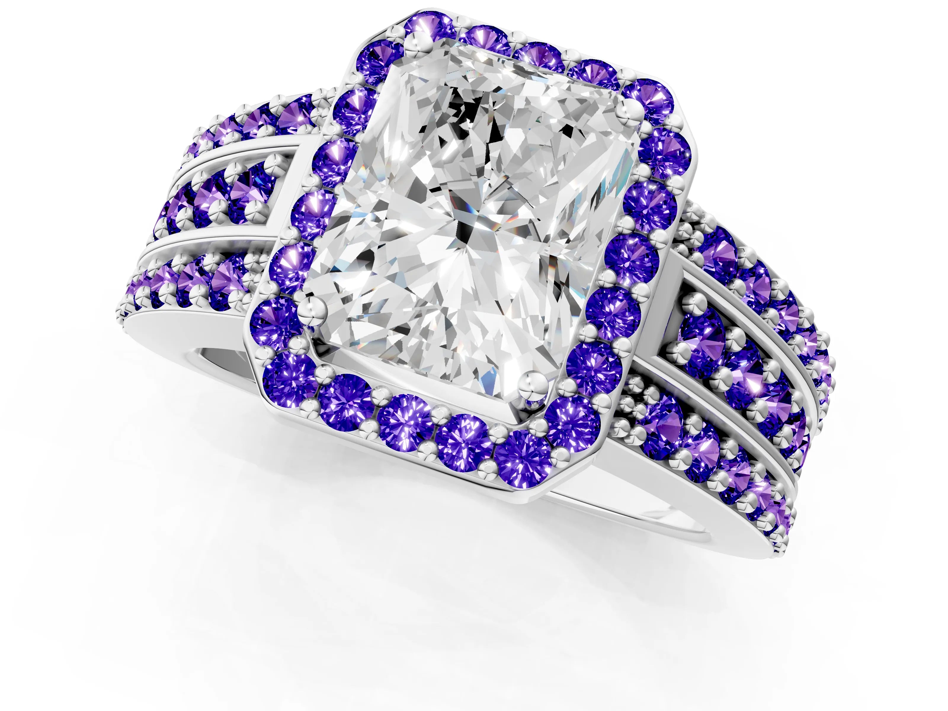 White gold Radiant Cut Halo Diamond Ring with Round with Tanzanite side stone Split Shank and Prong Setting_1