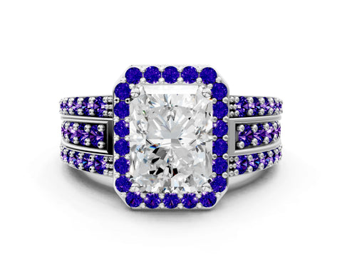White gold Radiant Cut Halo Diamond Ring with Round with Tanzanite side stone Split Shank and Prong Setting_12