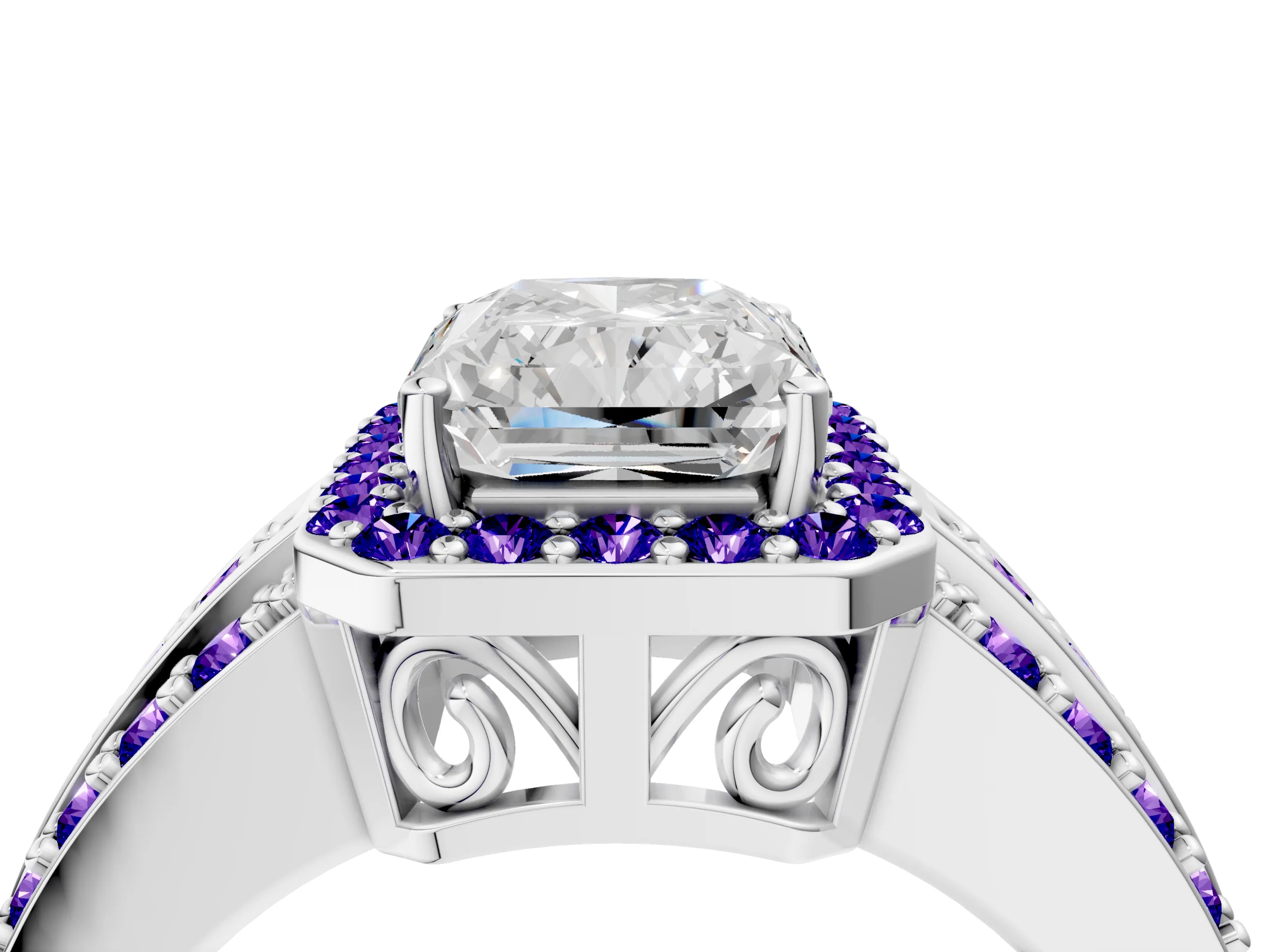 White gold Radiant Cut Halo Diamond Ring with Round with Tanzanite side stone Split Shank and Prong Setting_16