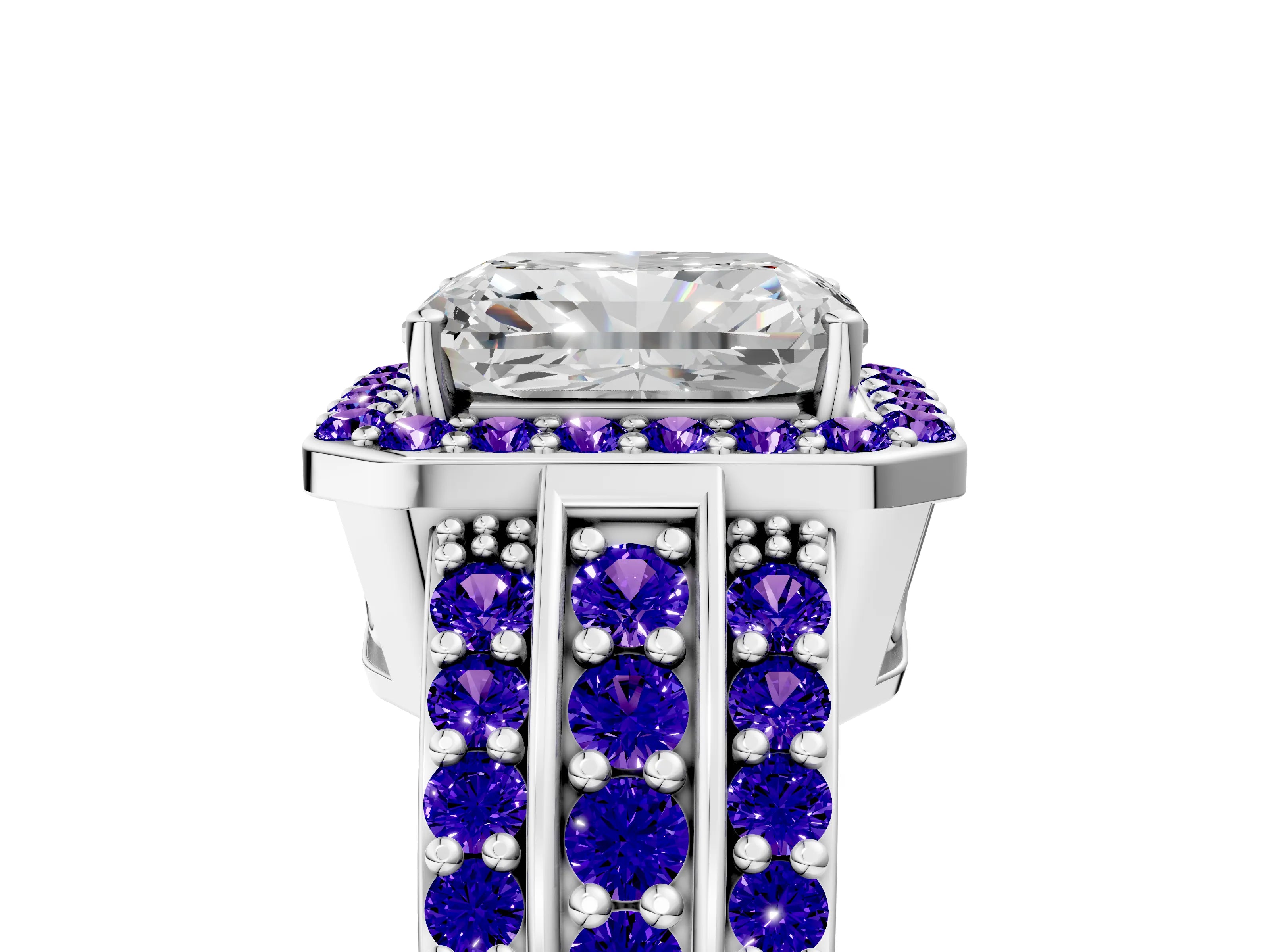 White gold Radiant Cut Halo Diamond Ring with Round with Tanzanite side stone Split Shank and Prong Setting_17