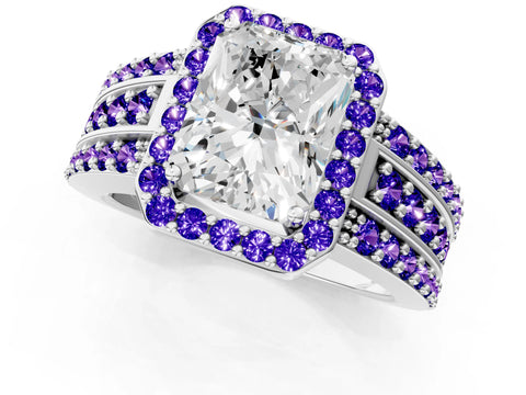 White gold Radiant Cut Halo Diamond Ring with Round with Tanzanite side stone Split Shank and Prong Setting_1