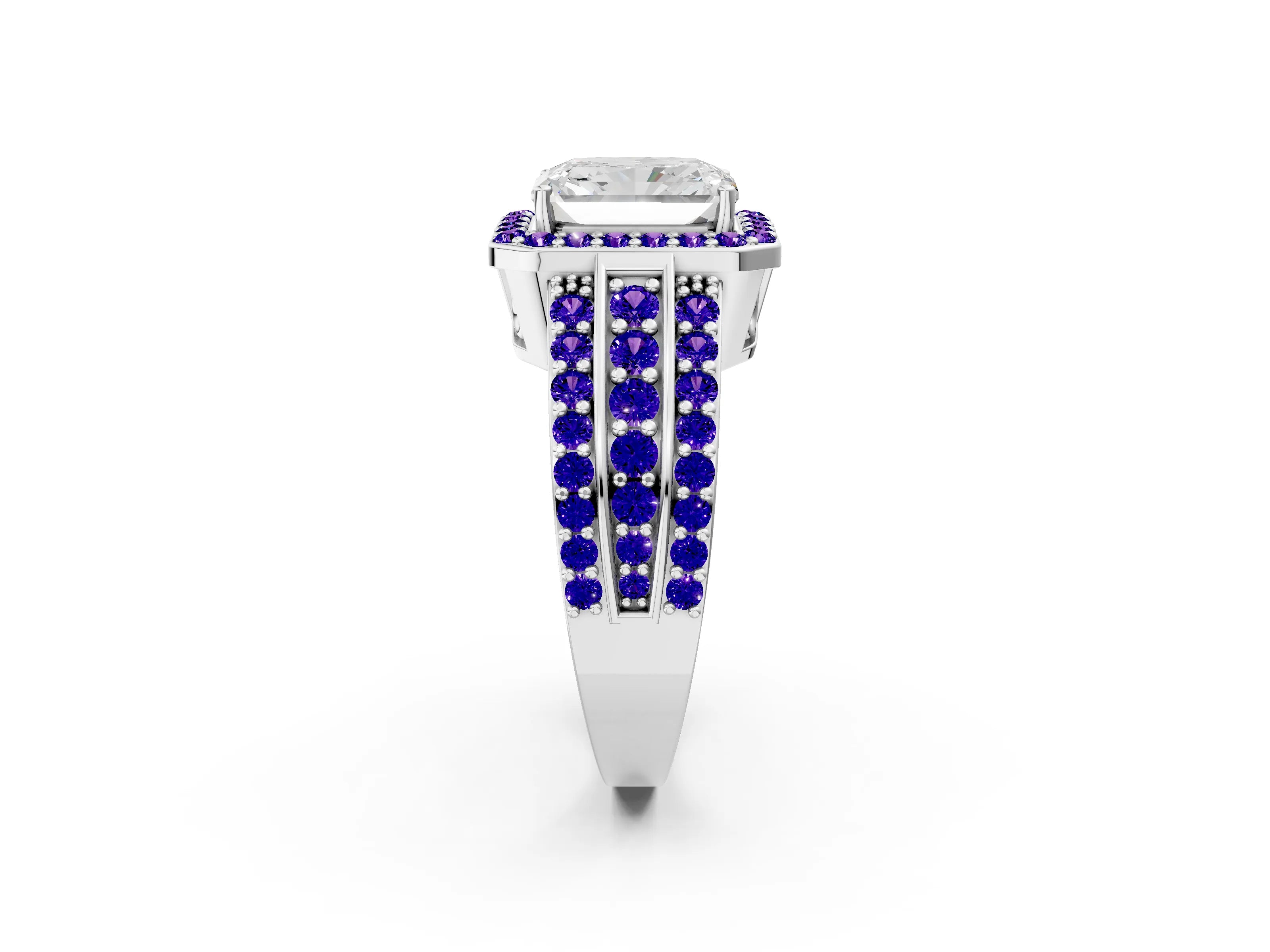 White gold Radiant Cut Halo Diamond Ring with Round with Tanzanite side stone Split Shank and Prong Setting_2