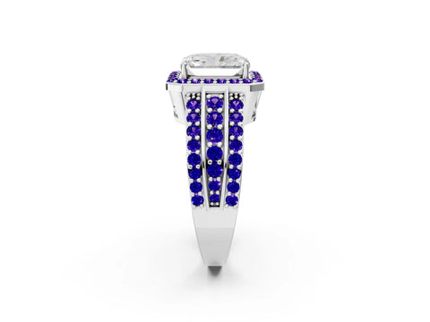 White gold Radiant Cut Halo Diamond Ring with Round with Tanzanite side stone Split Shank and Prong Setting_2