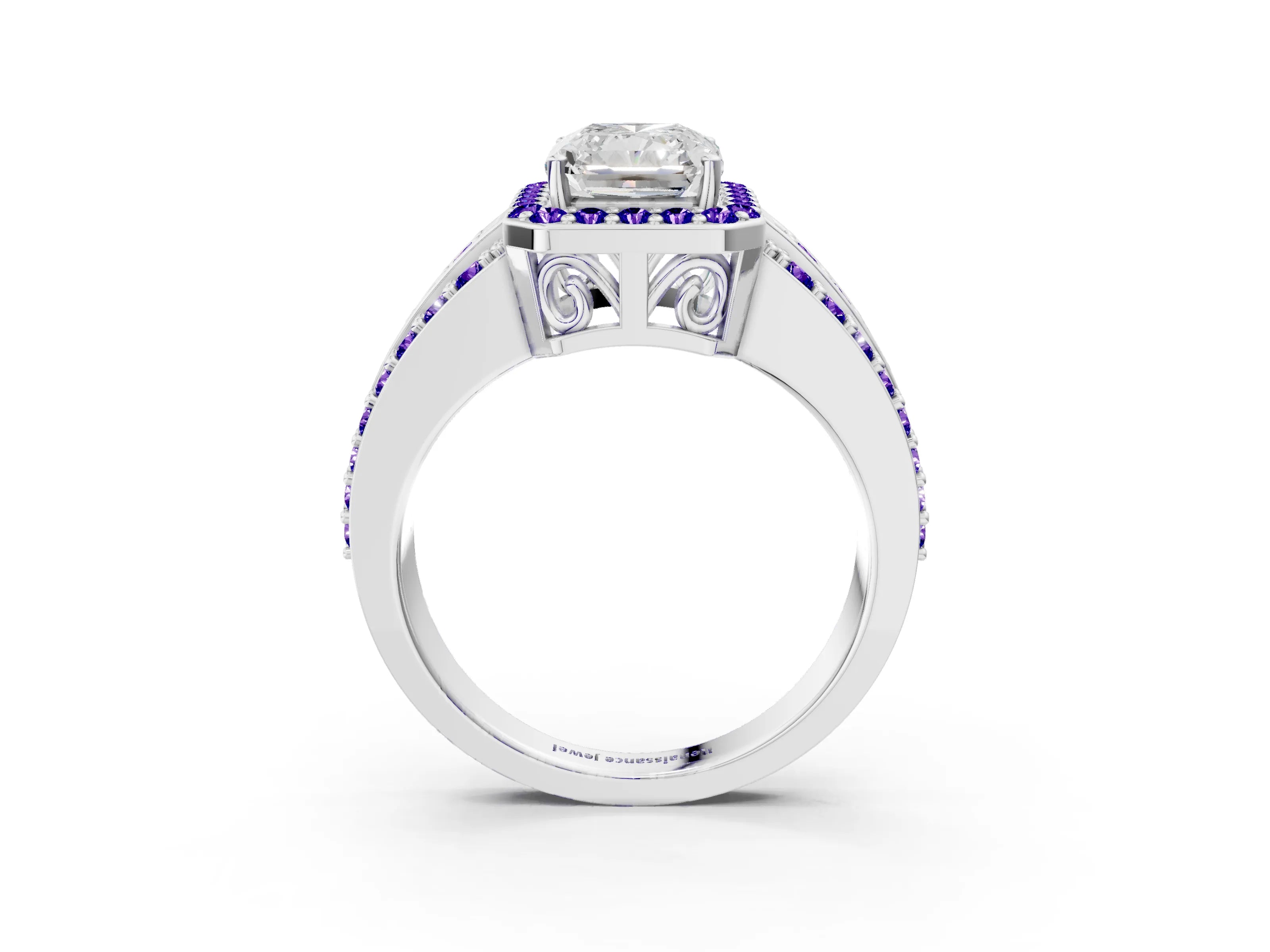 White gold Radiant Cut Halo Diamond Ring with Round with Tanzanite side stone Split Shank and Prong Setting_3