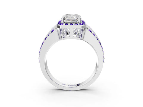 White gold Radiant Cut Halo Diamond Ring with Round with Tanzanite side stone Split Shank and Prong Setting_3
