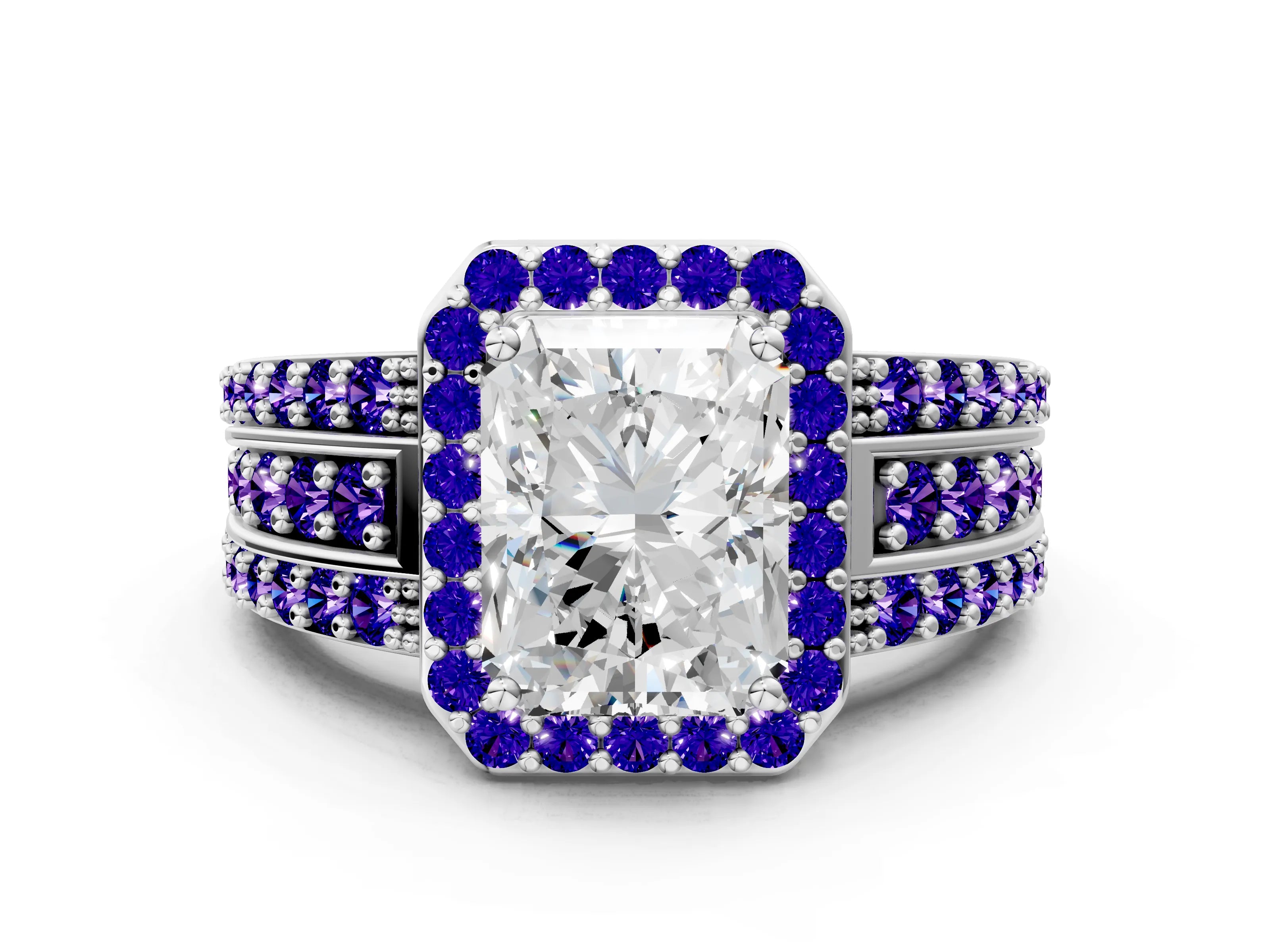 White gold Radiant Cut Halo Diamond Ring with Round with Tanzanite side stone Split Shank and Prong Setting