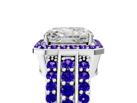 White gold Radiant Cut Halo Diamond Ring with Round with Tanzanite side stone Split Shank and Prong Setting_5