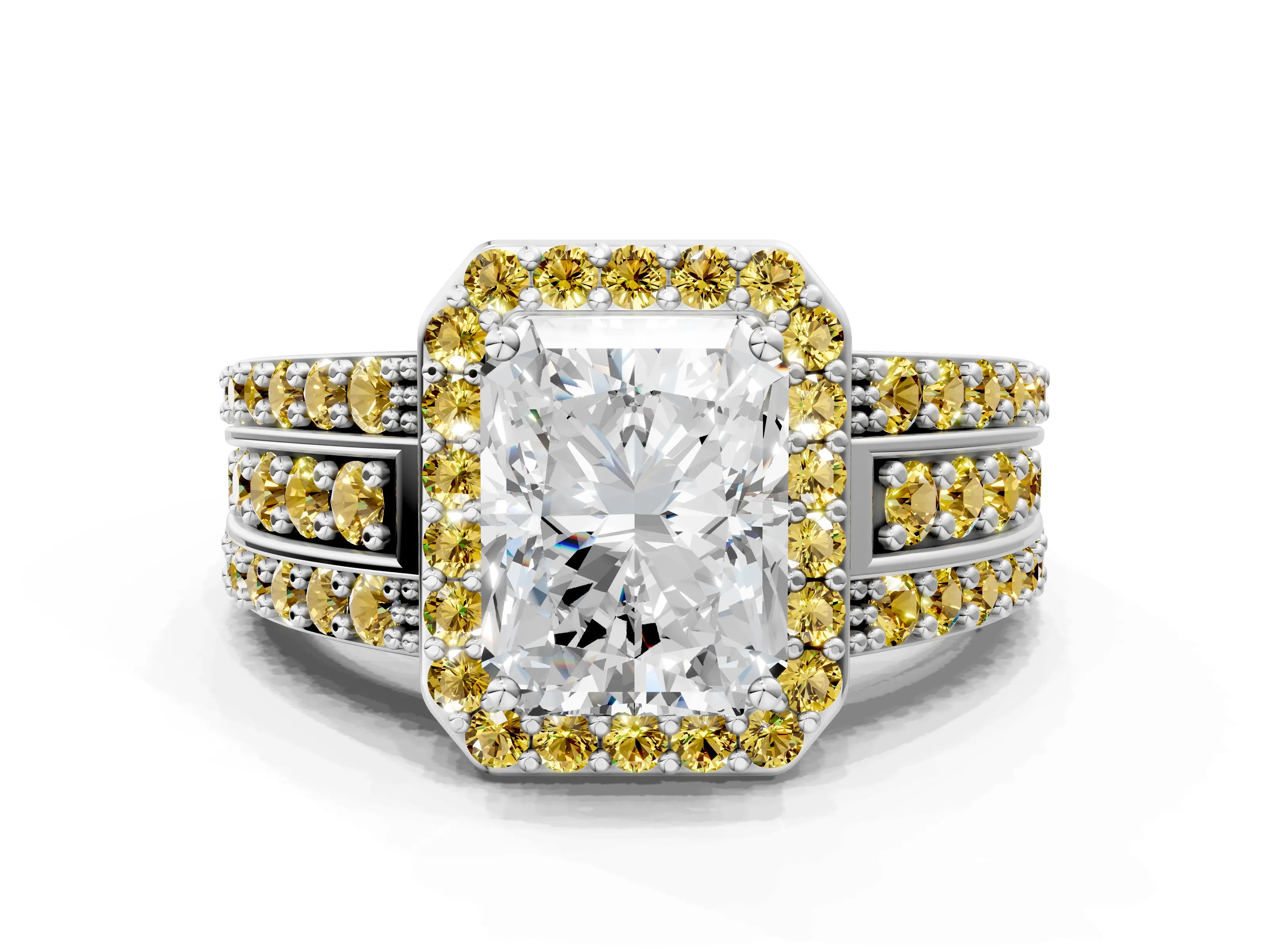 White gold Radiant Cut Halo Diamond Ring with Round with Yellow Sapphire side stone Split Shank and Prong Setting_24