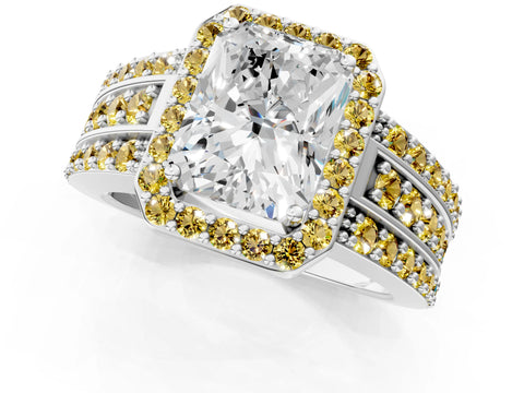 White gold Radiant Cut Halo Diamond Ring with Round with Yellow Sapphire side stone Split Shank and Prong Setting_25